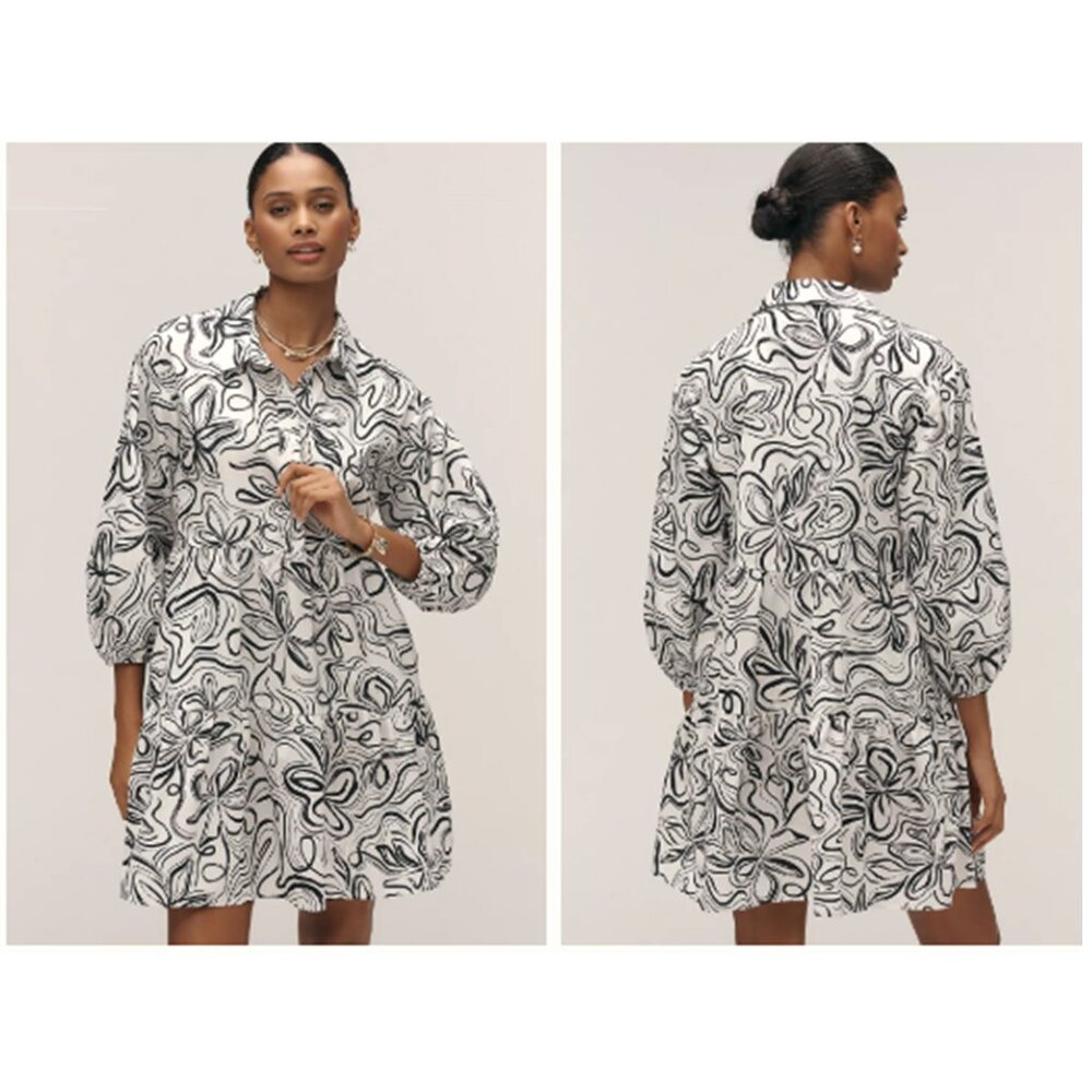 Anthropologie Black and White Floral-Print Mini Dress